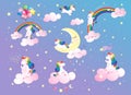 Cute magical rainbow unicorn with stars and clouds vector set. Isolated cartoon collection of decorations for kids