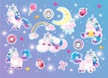 Cute magical rainbow unicorn with sweets and clouds vector set. Isolated cartoon sticker pack Royalty Free Stock Photo