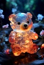 A cute magical spaceteddy bear with a transparent glowing body floats in a magical nighttime landscape