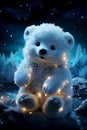 A cute magical spaceteddy bear with a transparent glowing body floats in a magical nighttime landscape