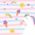 Cute magical unicorn eating cupcake with ice cream rainbow flowers animal cartoon background