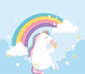 Cute magical unicorn eating sweet cupcake in the sky with rainbow cartoon