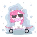 Cute magical unicorn in love on the skateboard.