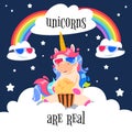 Cute magical unicorn with rainbow. Fantasy pony on clouds. Cartoon unicorn wallpaper vector design