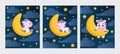 Cute magical unicorn sleeping on moon in night sky set card template. Cartoon character for kids room decoration, nursery art, Royalty Free Stock Photo