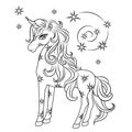 Cute magical unicorn with stars. Black outline. Coloring Royalty Free Stock Photo