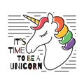 Cute magical unicorn for t-shirt print. Childish t-shirt design with rainbow colors Royalty Free Stock Photo