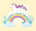Cute magical unicorn walking rainbow plants fantasy animal cartoon