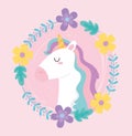 Cute magical unicorn wreath of flowers floral decoration animal cartoon