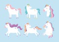 Cute magical unicorns different color mane animal cartoon