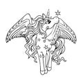 Cute magical winged unicorn with stars. Black outline. Coloring Royalty Free Stock Photo