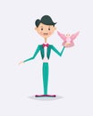 Cute magician character tricks vector illustration magic show cartoon man wizard circus