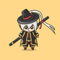 Cute Magician Hero Taoism,Taoist Male Kawaii Stands With Staff Magic Weapon and Chinese Robe Armor Costume. Mascot Character