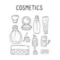 Cute make up and skin care icons. Products and accessoires for beauty. Simple womans signs set. Visage elements. Hand drawn vector Royalty Free Stock Photo