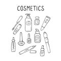 Cute make up and skin care icons. Products and accessoires for beauty. Simple womans signs set. Visage elements. Hand drawn vector Royalty Free Stock Photo