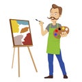 Cute male artist with big mustache holding color palette painting on canvas standing