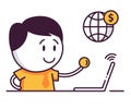 Cute male character with coin in his hand making payment online and worldwide. Fast safe payment for purchases