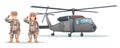 Cute male and female army soldier characters with military helicopter