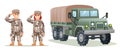 Cute male and female army soldier characters with military truck