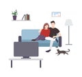 Cute male and female cartoon characters sitting on cozy couch