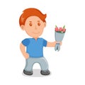 Cute male hold gift bouquet flower, concept young man with present, cartoon vector illustration, isolated on white, amorous day