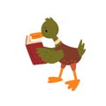 Cute Male Mallard Duck Reading Book, Funny Duckling Cartoon Character Vector Illustration