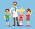 Cute male pediatrician doctor and happy healthy kids. Childrens healthcare vector concept