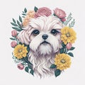 Cute Maltese dog with floral bouquet.