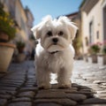 Cute Maltese dog poses on a picturesque cobblestone street