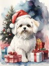 Cute Maltese dog in red Santa hat with surrounded by presents and a Christmas tree on background Royalty Free Stock Photo