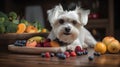 Cute Maltese dog sitting on wooden plate with fresh fruits.