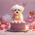 Cute Maltese puppy with birthday cake and balloons on pink background.