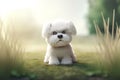 Cute Maltese puppy sitting on the grass in the park.