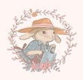 Cute mama rabbit in a hat surrounding by a floral wreath. Floral background. Can be used for greeting cards, baby shower