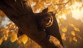 Cute mammal sitting on branch, back lit by sunset generated by AI