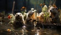 Cute mammal sitting by pond, playing with fish generated by AI