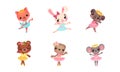Cute Mammals with Mouse and Koala in Ballerina Dress and Crown on Head Dancing Vector Set Royalty Free Stock Photo