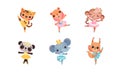 Cute Mammals with Panda and Elephant in Ballerina Dress and Crown on Head Dancing Vector Set Royalty Free Stock Photo