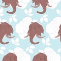 Cute mammoth, white roses and leaves, in a seamless pattern design