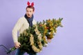 Cute man with Christmas tree at home Royalty Free Stock Photo