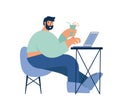 Cute Man flat Working On Laptop And Drink lemonade vector Icon Illustration. People Technology Icon Concept Isolated on Royalty Free Stock Photo