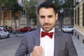 Cute man wearing red velvet bow tie Royalty Free Stock Photo