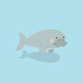 Cute manatee Cartoon Character. Dugong , seacow Isolated on blue sea background. Kawaii Sea Animal vector illustration Royalty Free Stock Photo