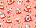 Cute Maneki Neko Japanese cat seamless pattern. Symbol of luck and wealth. Suitable for printing on paper and fabric Royalty Free Stock Photo