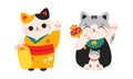 Cute Maneki Neko, Japanese lucky cats. Feng Shui, fortune, folklore symbol cartoon vector illustration Royalty Free Stock Photo