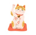 Cute maneki-neko toy, Japanese lucky cat with flower pattern. Asian porcelain doll for luck, fortune and wealth. Retro