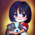 cute manga chibi girl protecting a poor dog, illustration, ai generated image Royalty Free Stock Photo