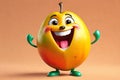 A Cute Mango as a 3D Rendered Character Smiling Over Solid Color Background