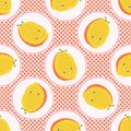 Cute mango fruit polka dot vector illustration. Seamless repeating pattern.