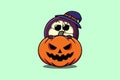 Cute Mangosteen cartoon hide in pumpkin halloween Royalty Free Stock Photo